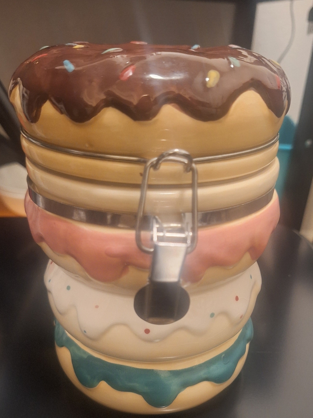 Boston Warehouse Donut Stack Ceramic Canister Set - Chocolate, Pink, White, Teal